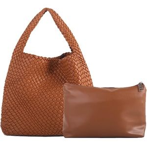 Vegan leather hand-woven tote handbag with small bag
